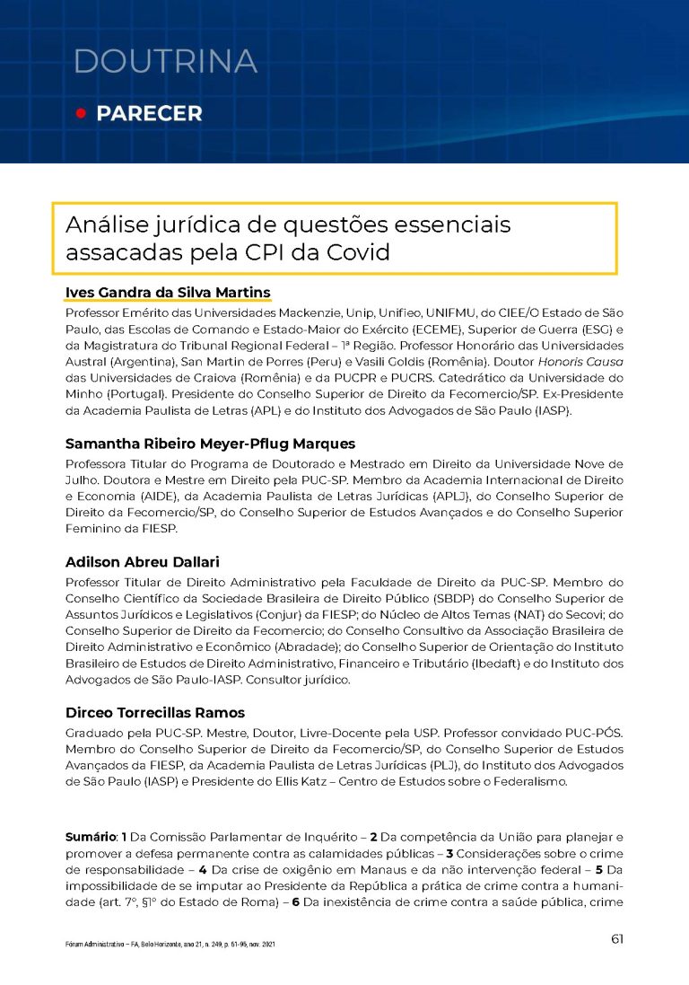 “A CPI DA COVID E O ESTADO DEMOCRÁTICO DE DIREITO” – Parecer 0925/21