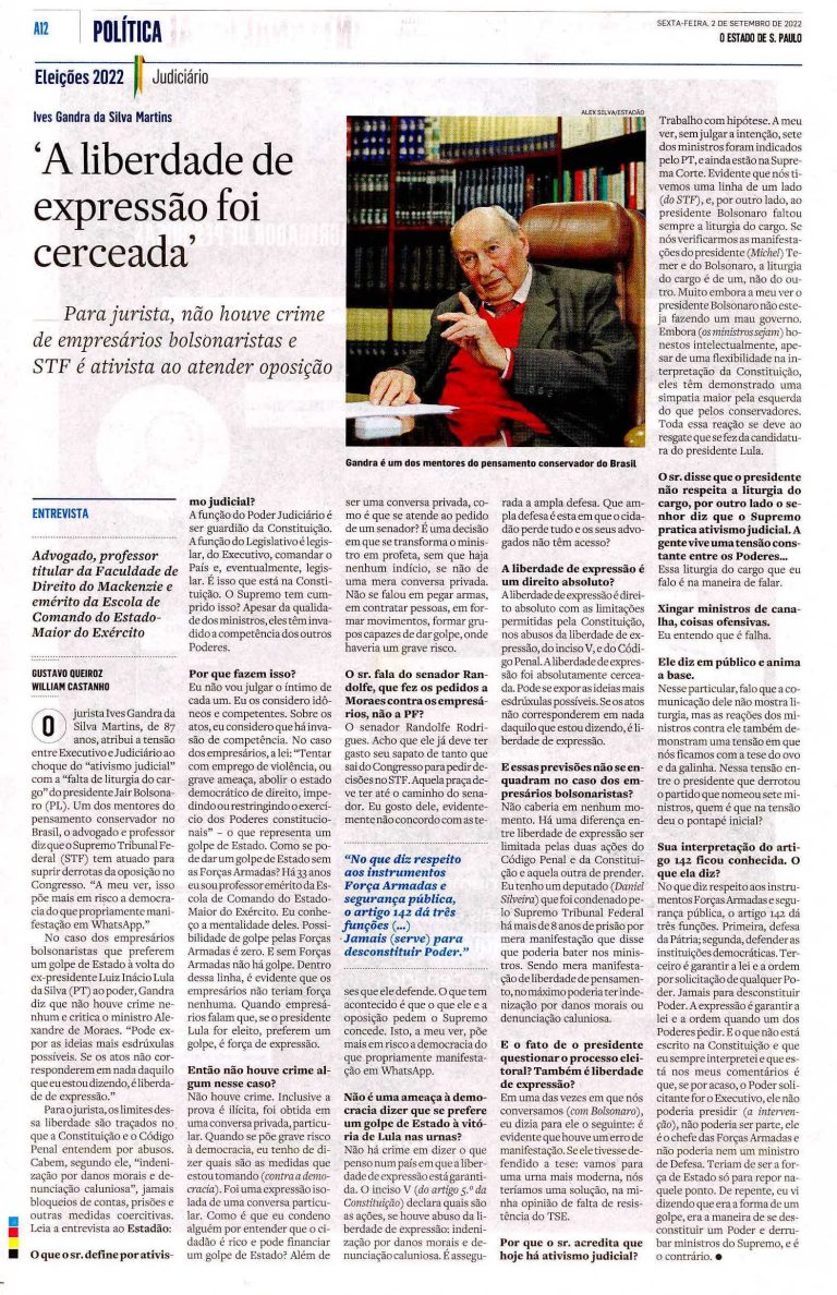 “A LIBERDADE DE EXPRESSÃO FOI CERCEADA” – ESTADÃO – 02/09/22