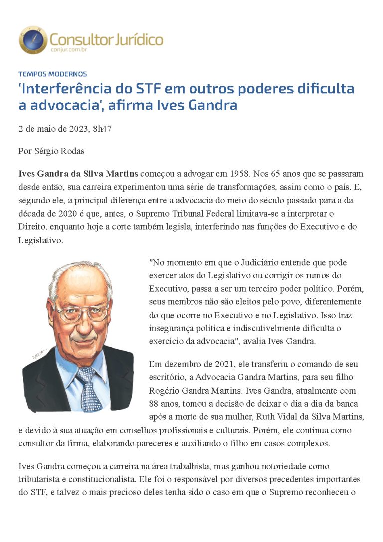 INTERFERÊNCIA DO STF EM OUTROS PODERES DIFICULTA A ADVOCACIA – ENTREVISTA SITE DO CONJUR – 02/05/2023
