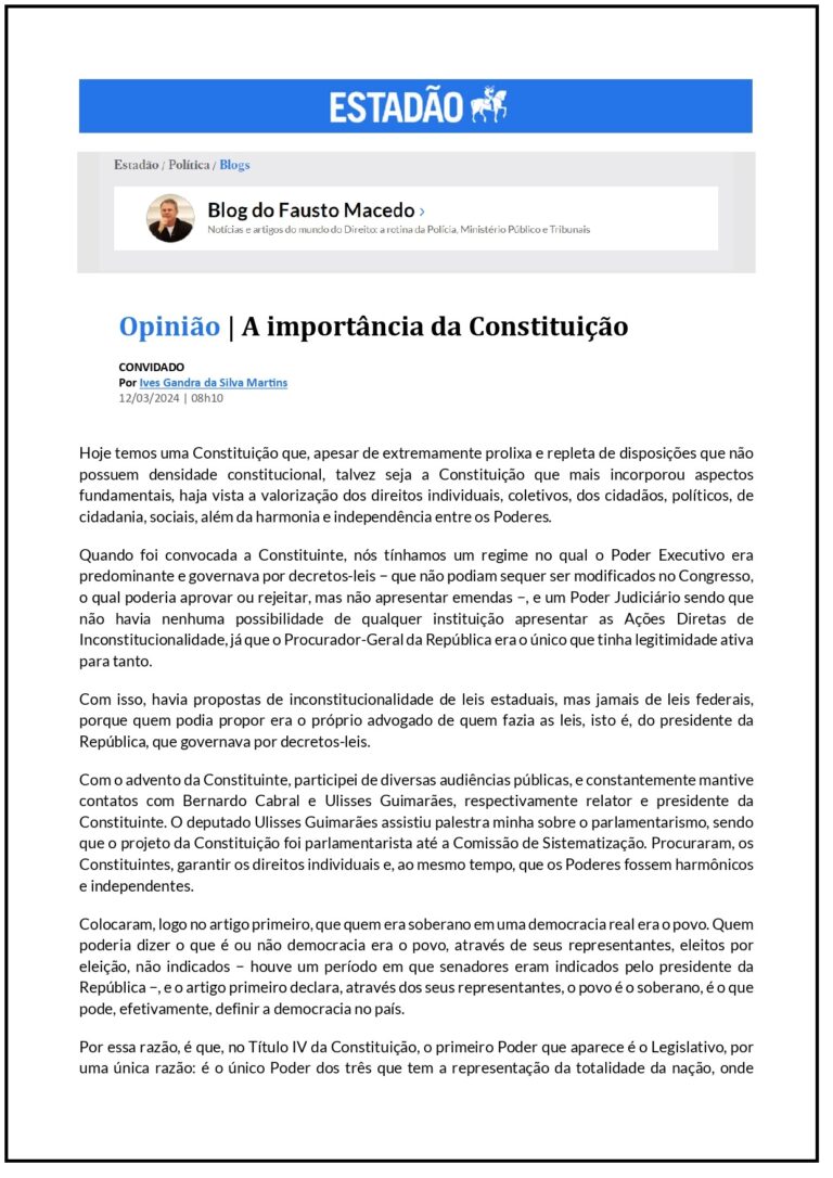 A IMPORTÂNCIA DA CONSTITUIÇÃO – ESTADÃO/BLOG DO FAUSTO MACEDO – 12/03/2024