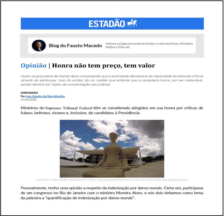 HONRA NÃO TEM PREÇO, TEM VALOR – JORNAL ESTADÃO – BLOG DO FAUSTO MACEDO – 26/04/2026
